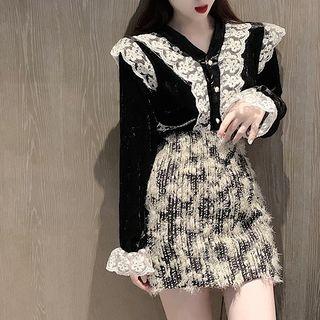 Set: V-neck Lace Blouse + Knit Mini Skirt