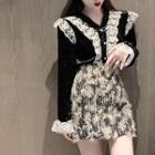 Set: V-neck Lace Blouse + Knit Mini Skirt