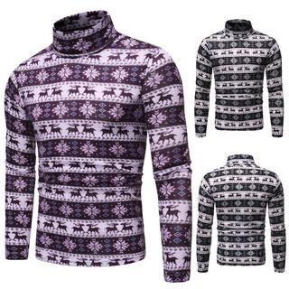 Mock-turtleneck Long-sleeve Deer Print T-shirt