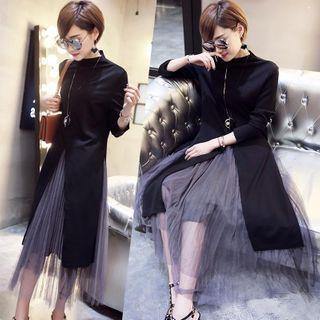 Set: Belted Zip-up Blazer Midi A-line Mesh Skirt