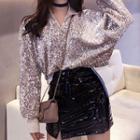 Long-sleeve Stand Collar Sequined Top / Faux Leather Mini Pencil Skirt