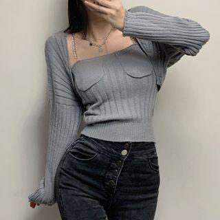 Set: Cardigan + Chain Strap Knit Camisole Top