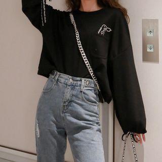 Tie-cuff Dinosaur Print Cropped Pullover