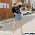 Plus Size Elasticized-waist Fray-hem Denim Shorts