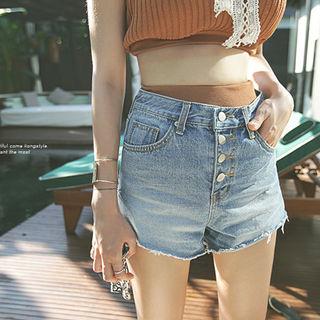 Button-front Washed Denim Shorts