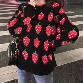 Strawberry Print Loose Sweater As Shown In Figure - One Size