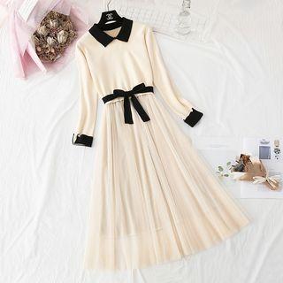 Bow-accent Mesh Panel Knit Maxi Dress