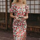 Puff-sleeve Cherry Print Midi Sheath Dress