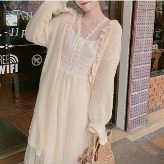 Set: Long-sleeve Lace Trim A-line Mesh Dress + Slipdress / Cardigan