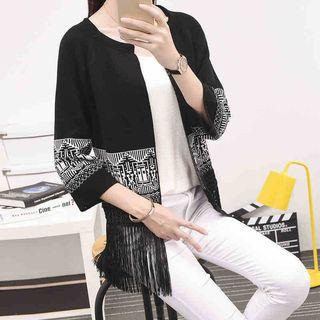 Fringed Patterned 3/4 Sleeve Cardigan