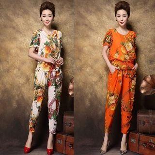 Set: Short-sleeve Printed Top + Printed Pants