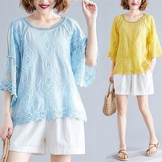 Cold-shoulder Elbow-sleeve Embroidered Blouse