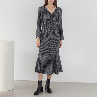 Shirred Crinkled Maxi Plaid Dress