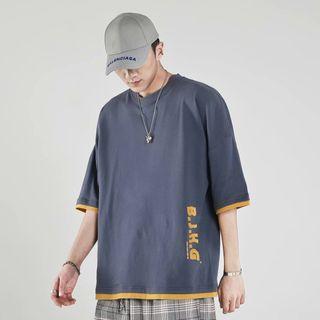 Mock Two-piece Elbow-sleeve Lettering Print T-shirt