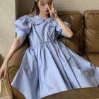 Puff-sleeve Collared Mini A-line Dress Blue - One Size