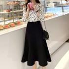 Set: Dotted Square Neck Blouse + A-line Midi Skirt