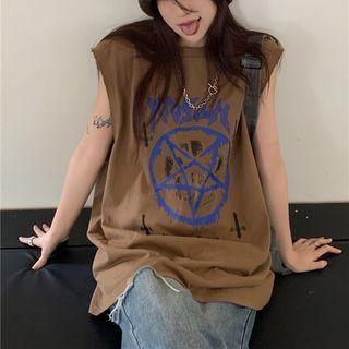 Letter Print Oversized Tank Top Coffee - One Size