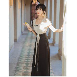 Set : Square-neck Lace Top + Lace-up Midi Skirt