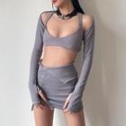 Set: Mock Two-piece Long-sleeve Crop Top + Asymmetrical Pencil Skirt