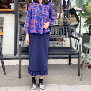 Plaid Blouse / Ruffle Hem Midi Straight-fit Skirt