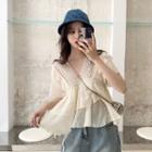 Lace V-neck Loose-fit Short-sleeve Blouse As Figure - One Size