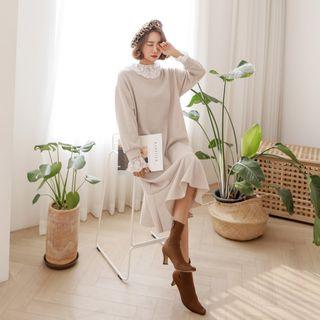 Lace-detail Ruffle-hem Long Dress