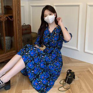 Short-sleeve V-neck Floral A-line Dress Black & Blue - One Size