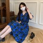 Short-sleeve V-neck Floral A-line Dress Black & Blue - One Size