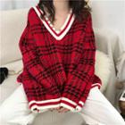Houndstooth V-neck Long-sleeve Loose-fit Sweater Red - One Size