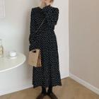 Long-sleeve Retro Dotted Ruched Dress