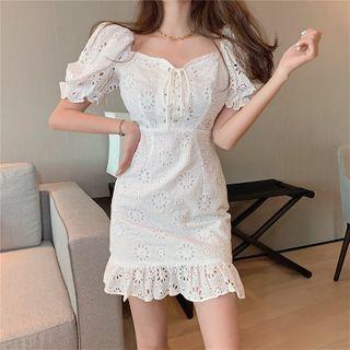 Eyelet Boatneck Lace Up-front Lace Mini Dress