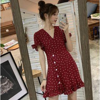 Heart-print Ruffled-trim Mini Dress Red - One Size