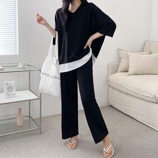 Set: V-neck Layered-hem T-shirt + Pants