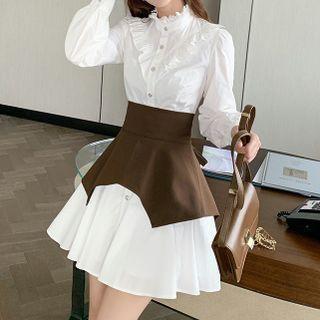 Set: Long-sleeve Ruffle Trim Mini A-line Dress + Corset Belt