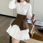 Set: Long-sleeve Ruffle Trim Mini A-line Dress + Corset Belt