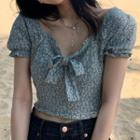 Puff-sleeve Floral Print Blouse / Wide Leg Jeans