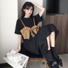 Mock Two-piece Short-sleeve Midi A-line Dress Black - One Size