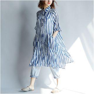 Elbow-sleeve Striped Long Shirt Stripes - Black & White - One Size