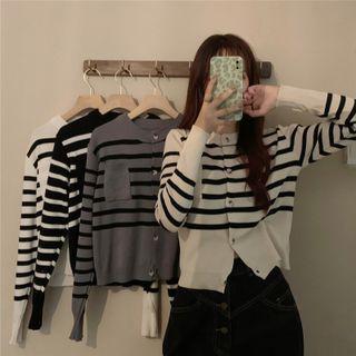 Long Sleeve Round Neck Striped Knit Cardigan