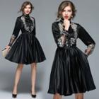 Mock Neck Embroidery Satin A-line Dress