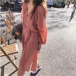 Band Collar Midi Shirt Dress Pink - One Size
