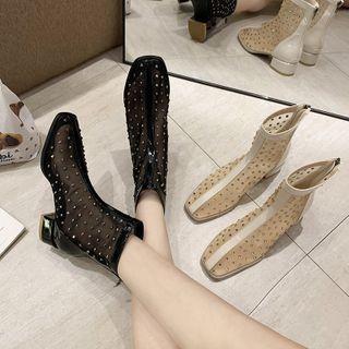 Block Heel Rhinestone Mesh Short Boots