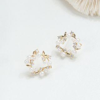 Faux Pearl Rhinestone Stud Earring 1 Pair - One Size