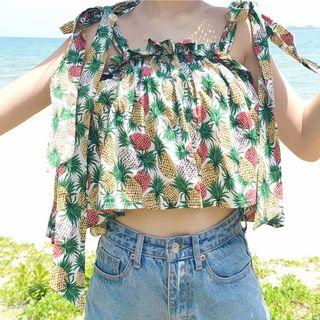 Spaghetti Strap Pineapple Print Crop Top As Shown In Figure - One Size