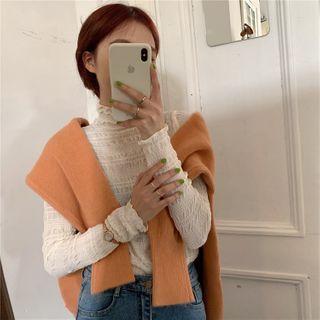 Long-sleeve Turtleneck Lace Top Almond - One Size