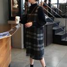 Set: Mock-neck Sweater + Plaid Overall Dress