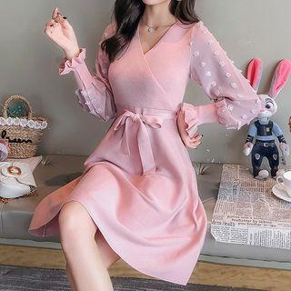 Dotted Panel Long-sleeve Knit A-line Dress