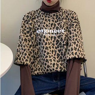 Leopard Mock Two Piece Long-sleeve T-shirt