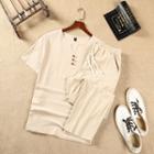 Set: Short-sleeve Linen T-shirt + Straight-leg Pants