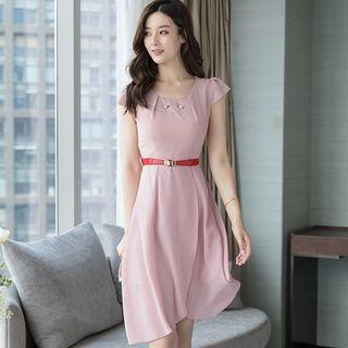 Short-sleeve Embellished A-line Chiffon Dress